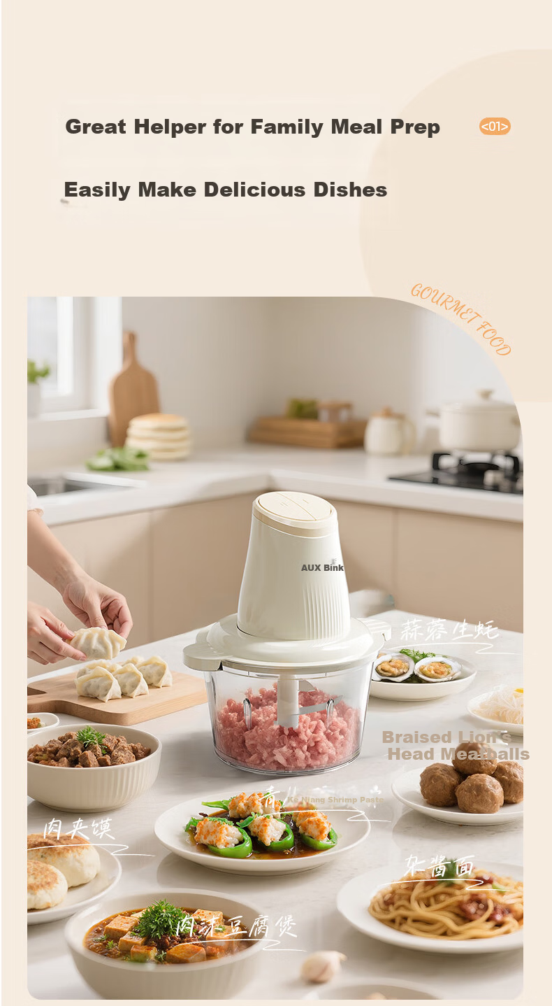 AUX AJR-18AZX-117 White Electric Multifunctional Household Meat Grinder Stainless Steel Meat Mincer Garlic Paste Machine Dual Blades 18