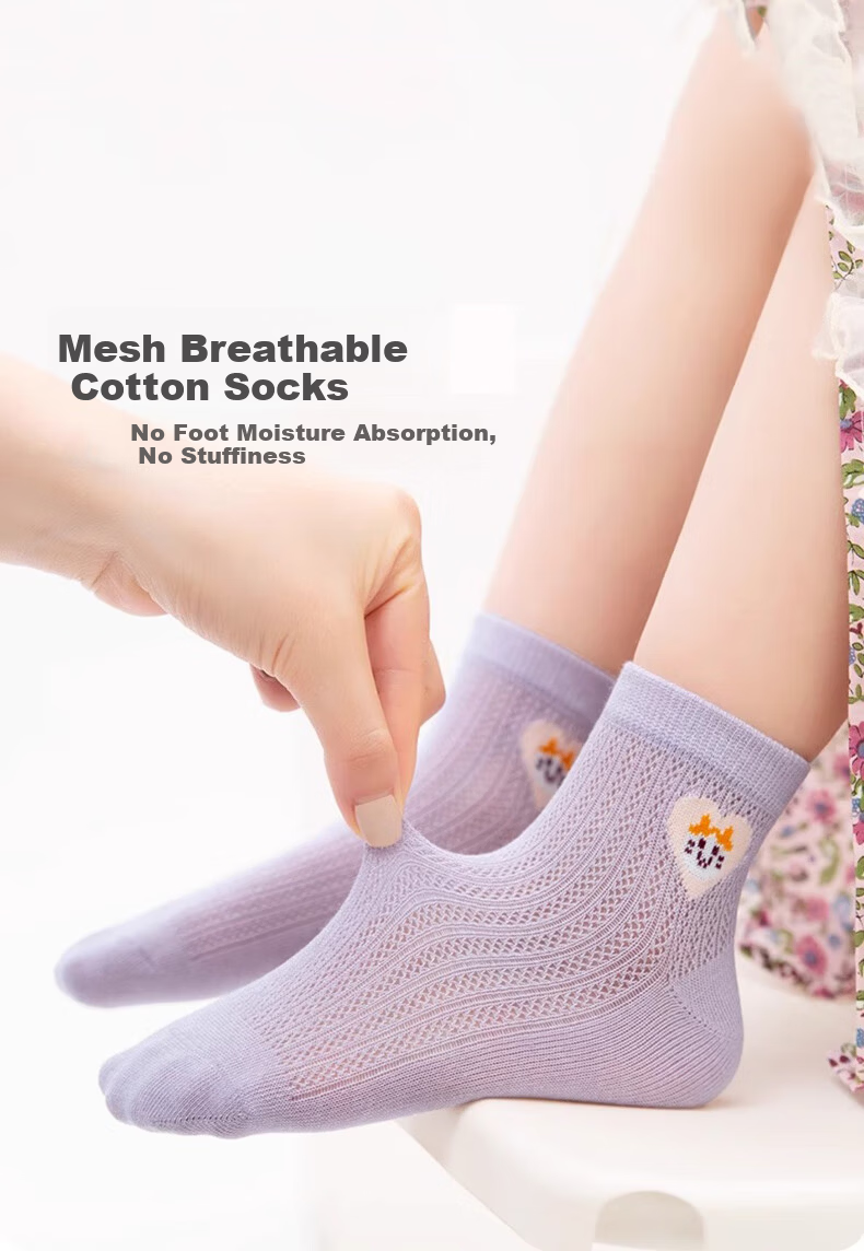 Cotton Full Girls' Socks Summer Thin Xinjiang Cotton Antibacterial Breathable Mesh Children's Cartoon Mid-Calf Socks 7 Pairs 1