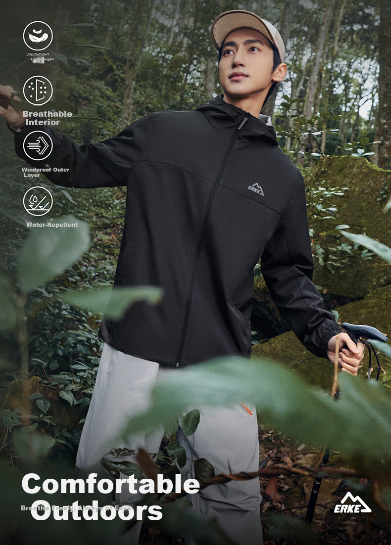 ERKE Men's Water-Repellent Hooded Sports Jacket 2026 New Breathable Outdoor Casual Windbreaker 2