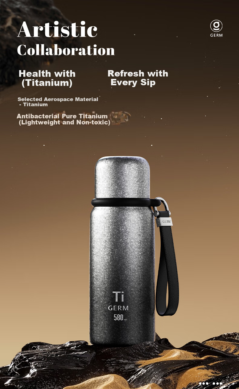 Germ Pure Titanium Insulated Water Bottle for Men and Women with Temperature Display, Direct Drinking Tea Cup, High-End Gift, 580ML Black Gold 1