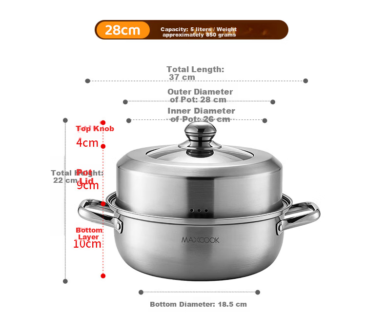 MAXCOOK 28CM Thickened Stainless Steel Single-Layer Steamer Pot Hot Pot Soup Steamer Compatible with Gas Stove and Induction Cooker 13