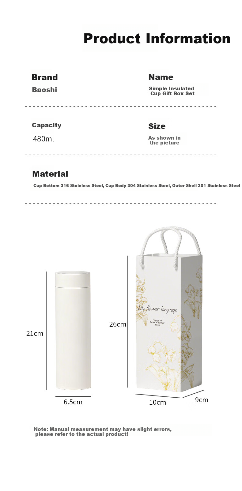 Baoshi Stainless Steel Insulated Coffee Mug 304 Stainless Steel Milk Cup with Lid for Children Office Tea Brewing L 9