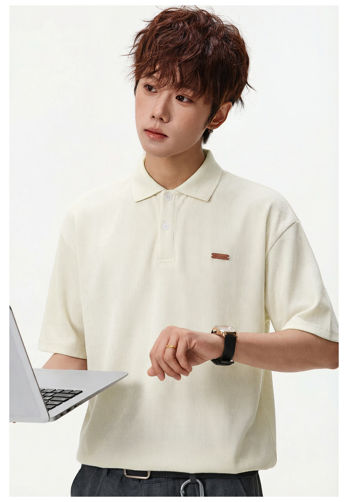 POUM Japanese Style Trendy Men's Polo Shirt Short Sleeve Summer Premium Texture Casual T-Shirt MP7201 Off-White M 3