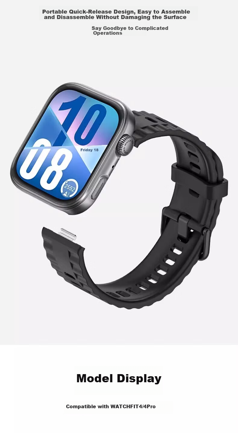 Iboann Compatible Huawei FIT4 Watch Strap WatchFit4 Pro 3D Wave Pattern Silicone Universal FIT3 Wristband Unisex Waterproof Accessory Rhythm Black 9