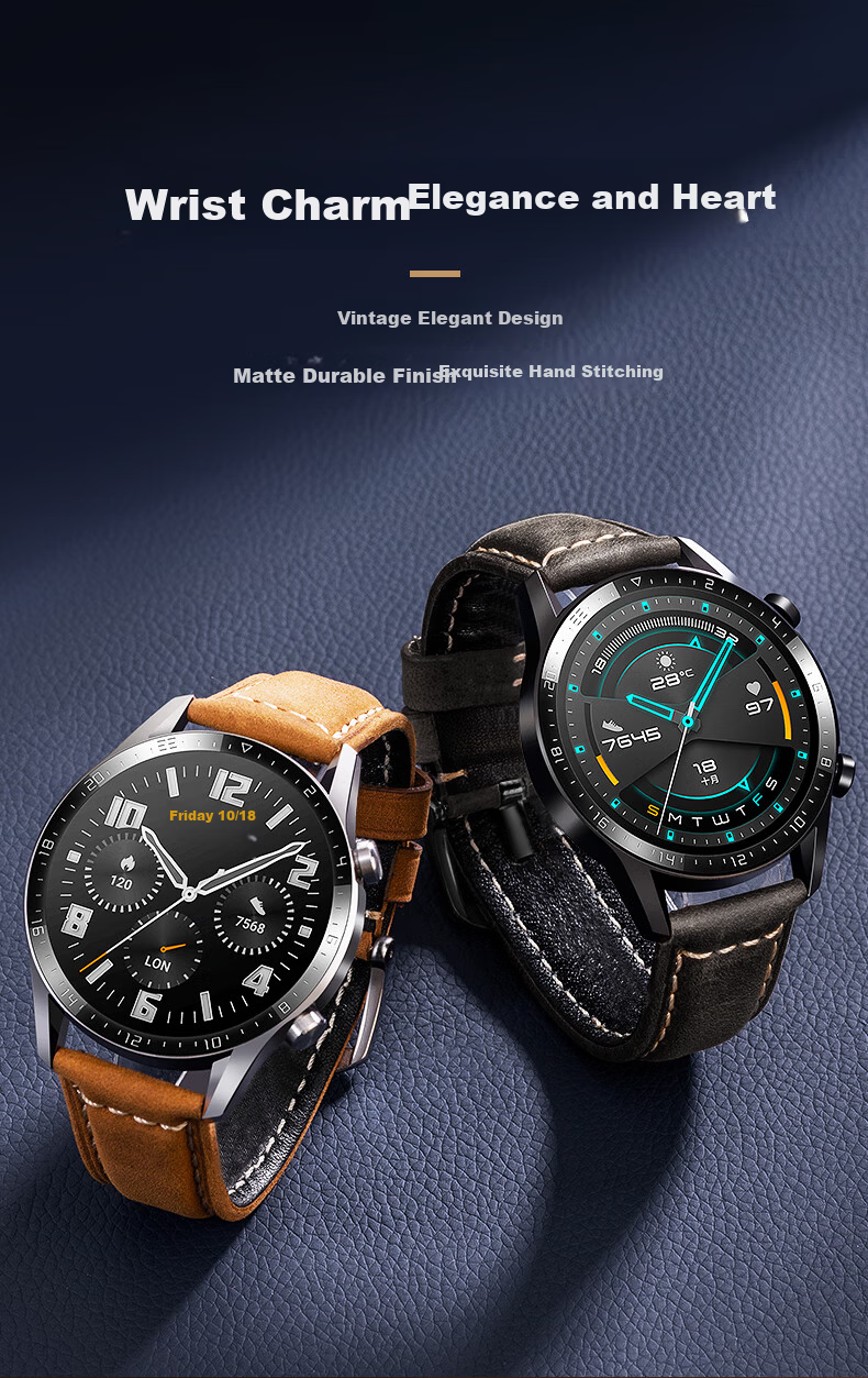 Mashi Compatible Huawei Watch Strap Spring Summer Watch5/4/3/GT6/5/GT4/3/2/Pro/Honor Magic2 Matte Cowhide Leather Band Black Black Buckle 22mm 4