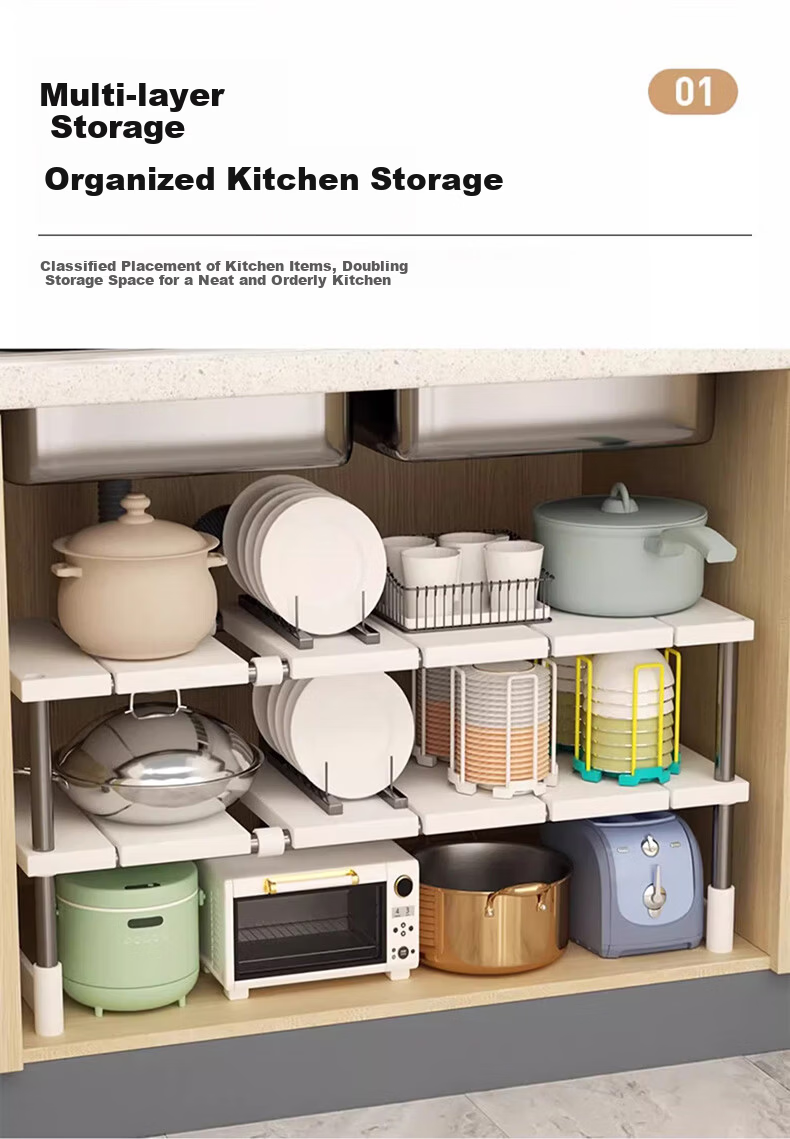 ZhaiQingSong Kitchen Sink Multifunctional Expandable Stainless Steel Cabinet Storage Rack Single Layer Pot Rack 4