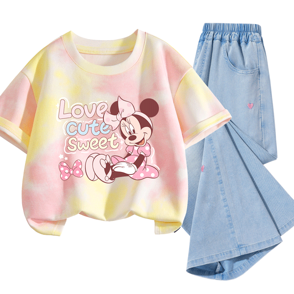 Disney Kids Clothing Children's Set 2026 Summer New Thin Pure Cotton Girls' Big Kids Short Sleeve Stylish Versatile Girls' Jeans