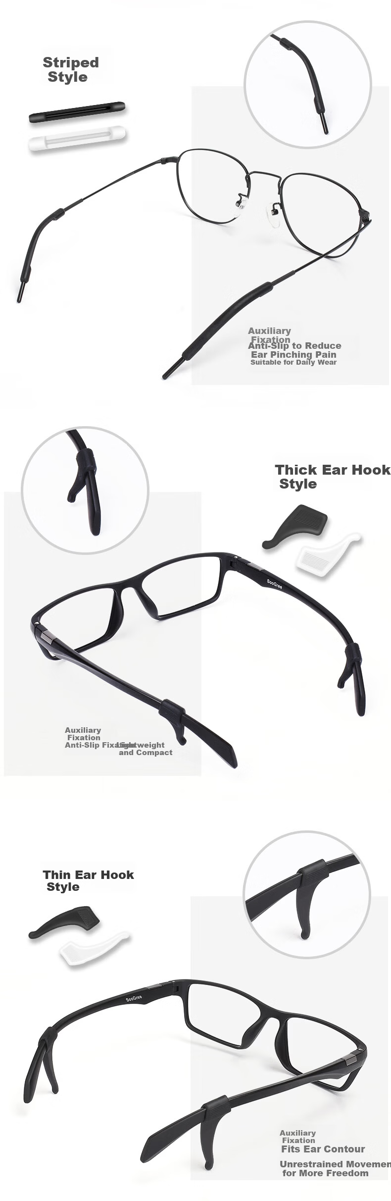 SooGree Anti-Slip Silicone Ear Hooks Replacement Eyeglass Temple Tips Accessories 29
