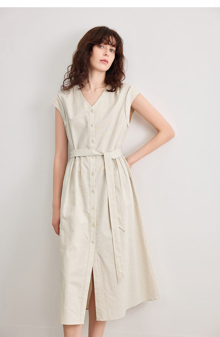 Demana [With Linen Cotton] Summer Commuter Style Lace Splice Cap Sleeve V-Neck Waist Cinched A-Line Mid-Length Dress for Women 19