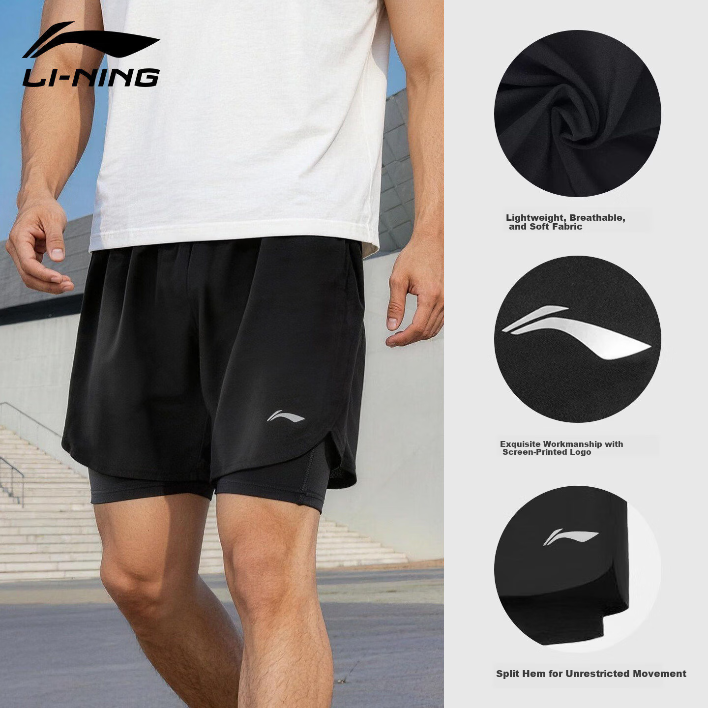 Li-Ning Men's Swim Trunks Double-Layer Quick-Dry Beach Shorts Water-Resistant Swimming Shorts for Seaside and Hot Springs