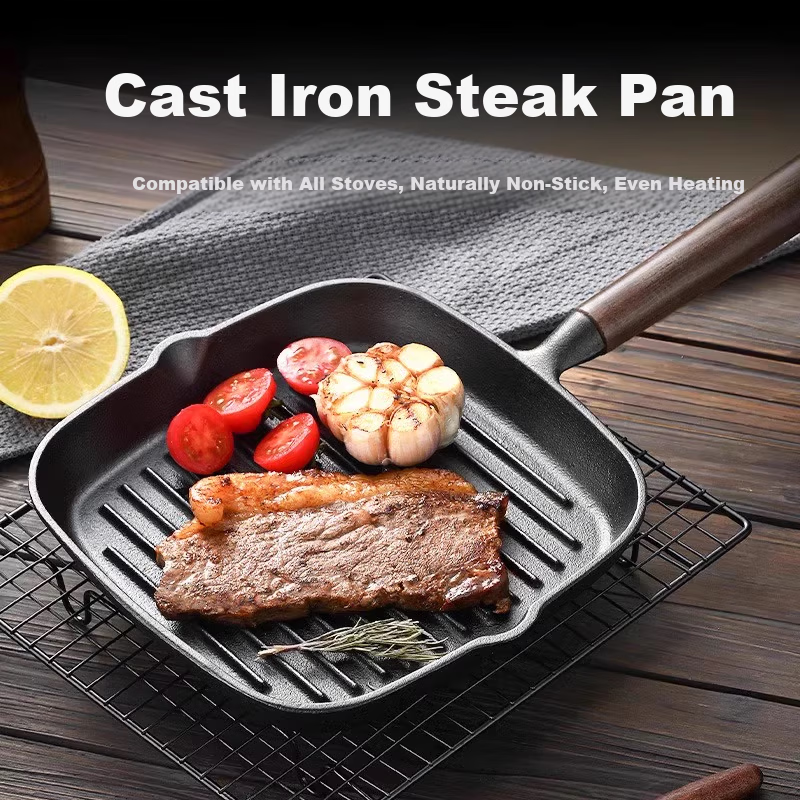 PAKCHOICE Steak Frying Pan Breakfast Cast Iron Skillet Non-Coated Flat Pan 23cm Compatible with Gas Stove and Induction Cooker