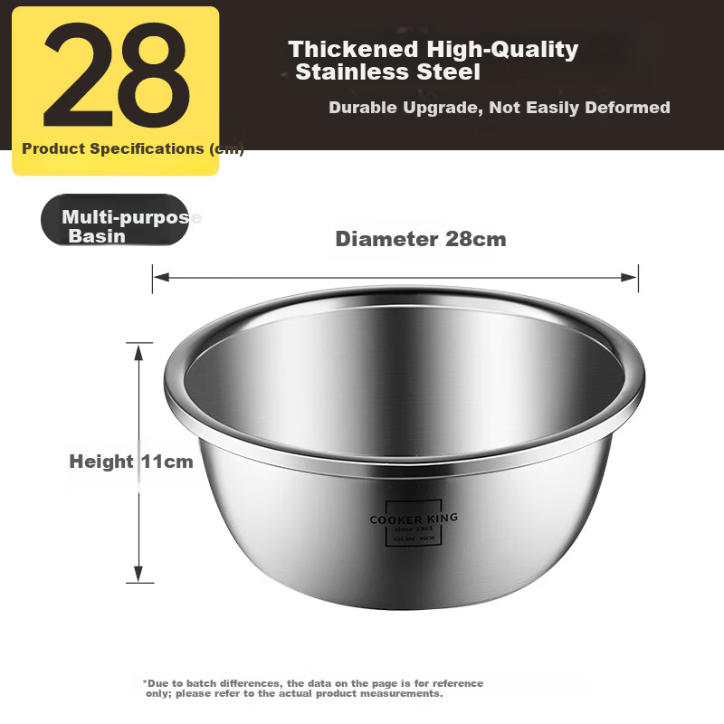 Chuida Huang Thickened 304 Stainless Steel Bowl 28cm Seasoning Bowl Vegetable Washing Bowl Salad Bowl Dough Mixing Marinating Bowl