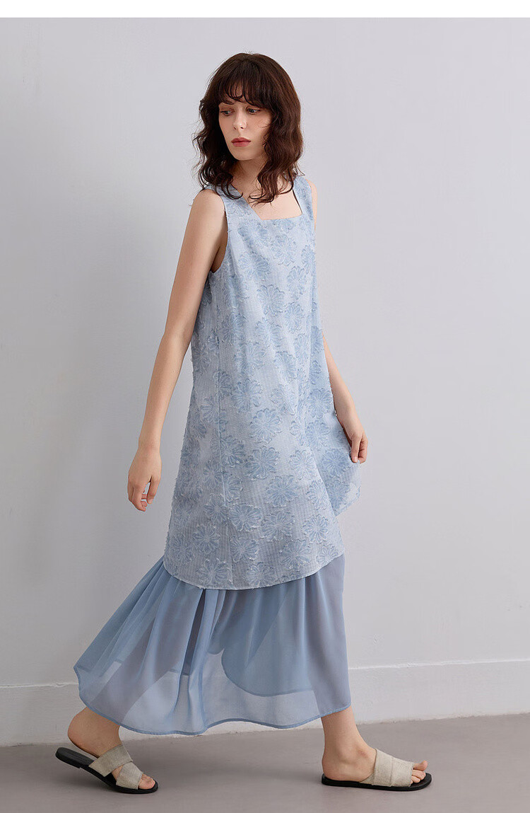Demana Summer Faux Two-Piece Spliced Chiffon Lightweight Loose Sleeveless A-Line Mid-Length Dress with Cutwork and Print 19