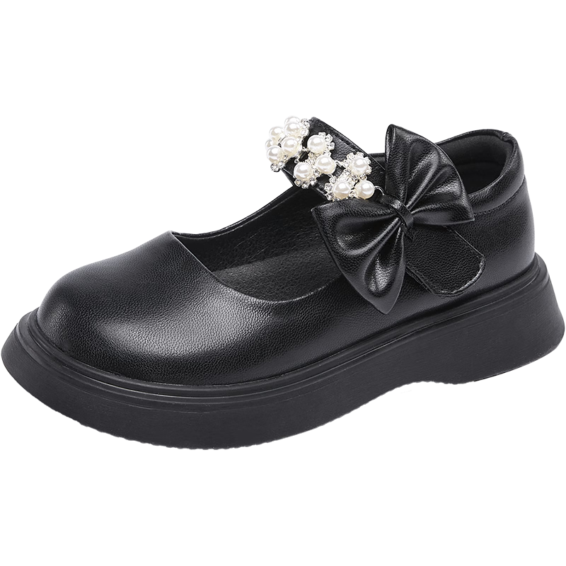 Eierkang Girls Black Leather Shoes Classic Pearl Bow Princess Shoes Student Performance Soft Sole Flats Black Size 33