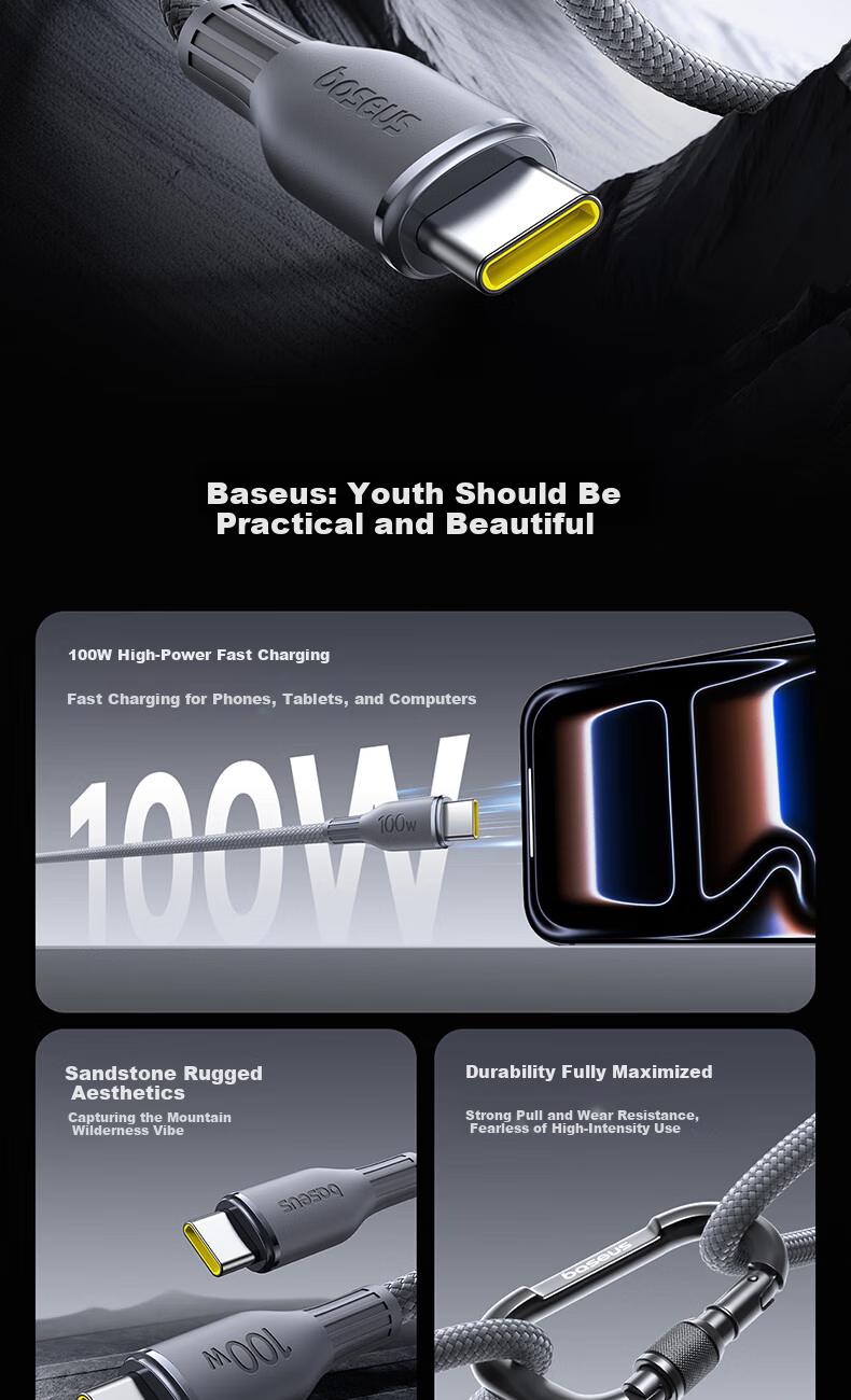 BASEUS Dual-Head Type-C Charging Cable, PD100W/88W Super Fast Charging Data Cable, Compatible with Huawei, Honor, Xiaomi, Apple 17/16/15 IPad, Laptops, Car Charger, 2 Gray 2