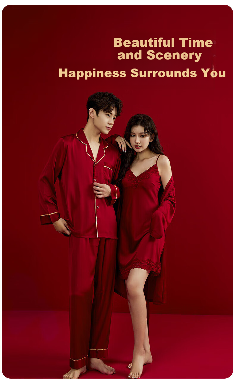 Caramella Women's Loungewear Set Unisex Wedding Newlywed Ice Silk Robe Bride Red Couple Pajamas Men 3