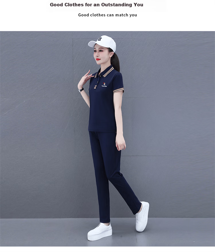 Woodpecker Pure Cotton Casual Sports Polo Set for Women Summer Fashion Youthful Middle-aged Mom Two-piece Set Royal Blue L 14