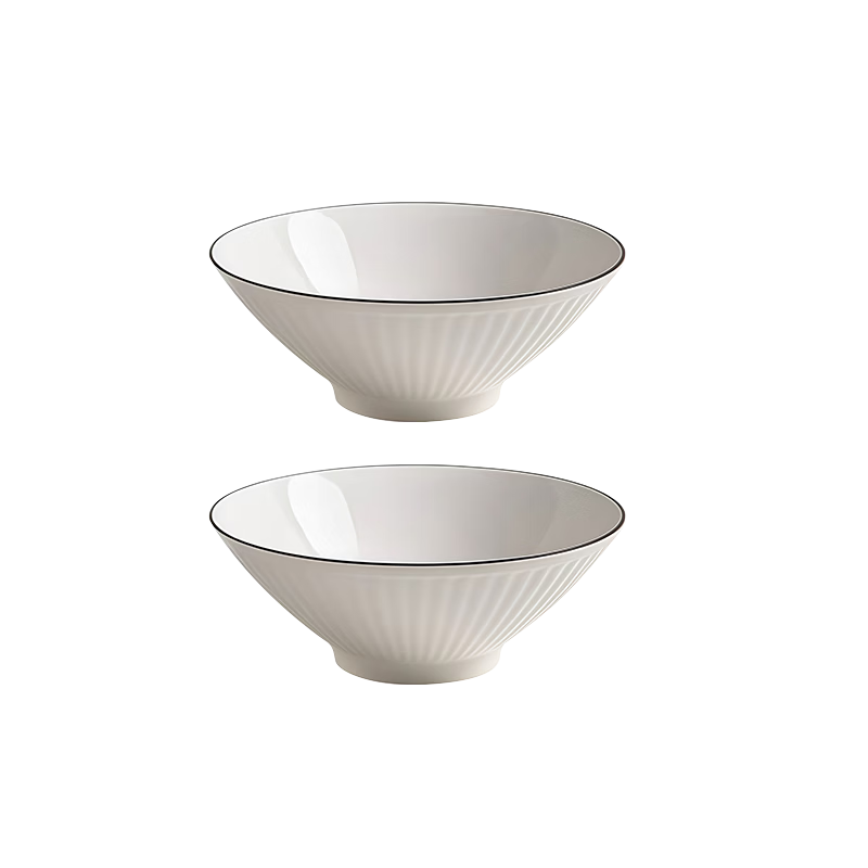 JIWUSENLIN Nordic Conical Bowl Ceramic Tableware Set, Microwave Safe, Black Line 8-Inch Bowl, Set of 2