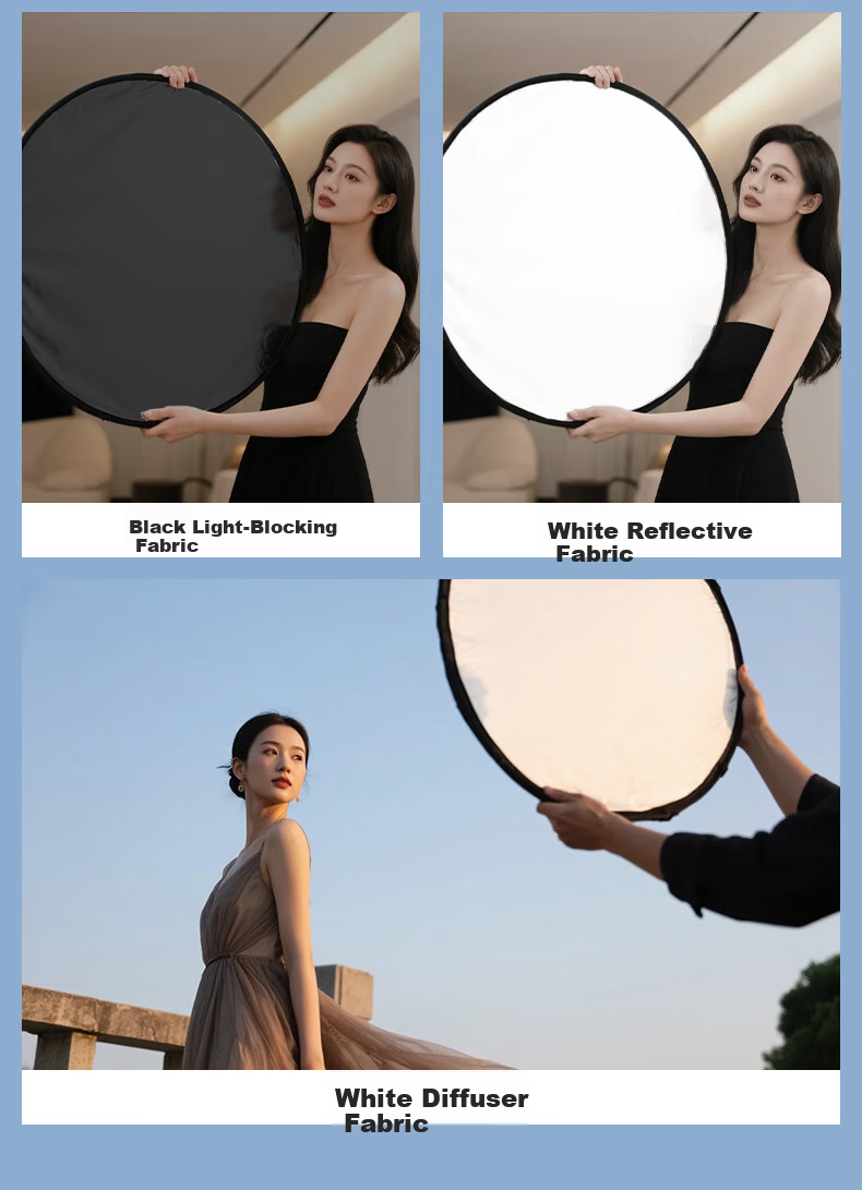 Leiz 80CM 2-in-1 Reflector Photography Studio Foldable Fill Light Board Portable Outdoor Portrait Soft Light Board Gold Silver Black White Round Lighting Board Photography Props 6