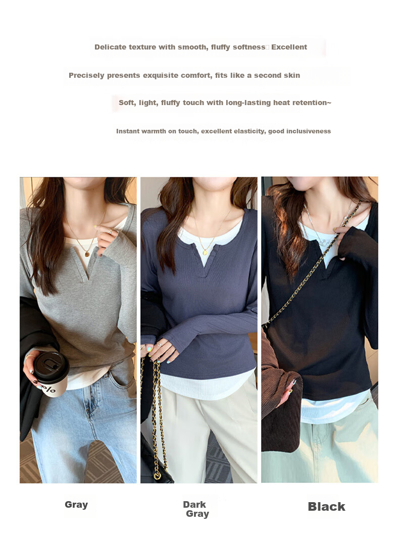 Langsha Women's Faux Two-Piece V-Neck Slim Fit Shoulder T-Shirt Spring Autumn 2026 New Design Small Brand Base Layer Top 8