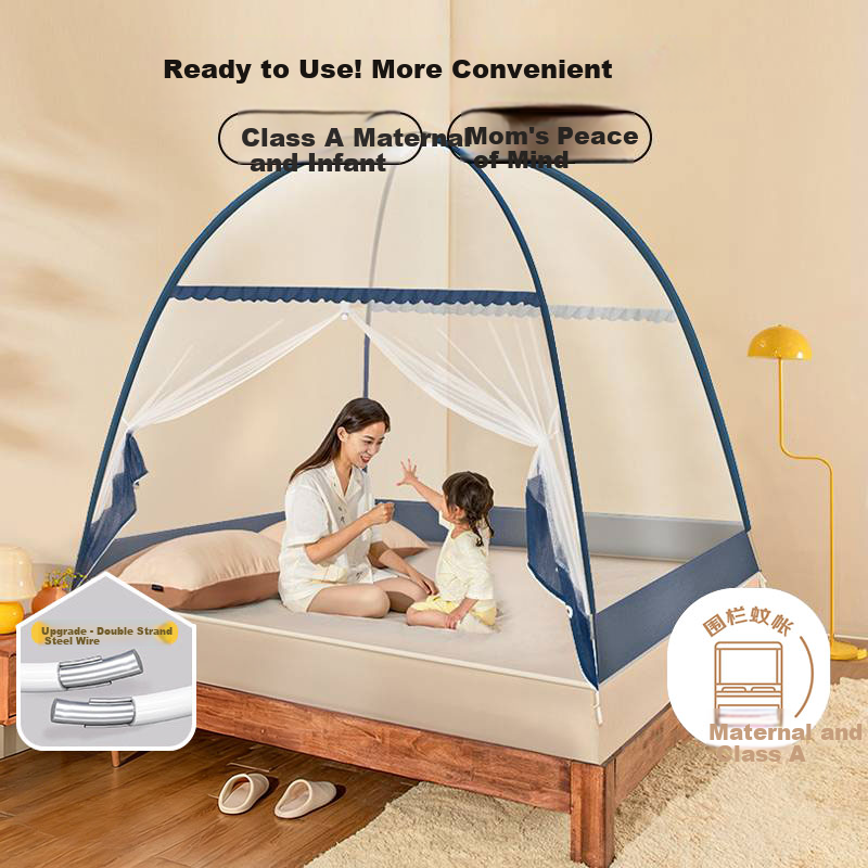 Gaorui No-Installation Mongolian Yurt Mosquito Net Anti-Fall Class A Home Bedroom 1.5×2m Sea Salt Blue [Thickened Steel Wire Frame]