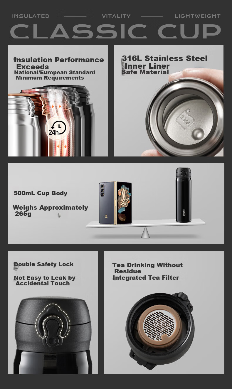 SUPOR Insulated Mug, 316L Stainless Steel Business Water Cup, Office And Car Tea Infuser Cup, Men's And Women's Pop-Up Lid Beverage Cup 3