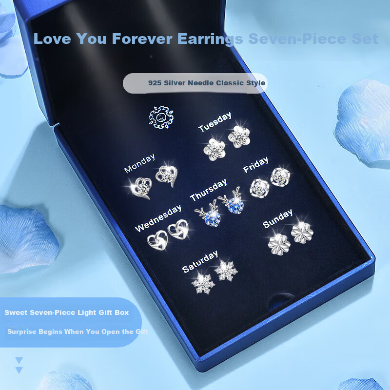 Dijing Weekly Stud Earrings Gift Box Qixi Valentine's Day Gift for Girlfriend Luxury 925 Silver Needle Earrings Silver Ear Rings