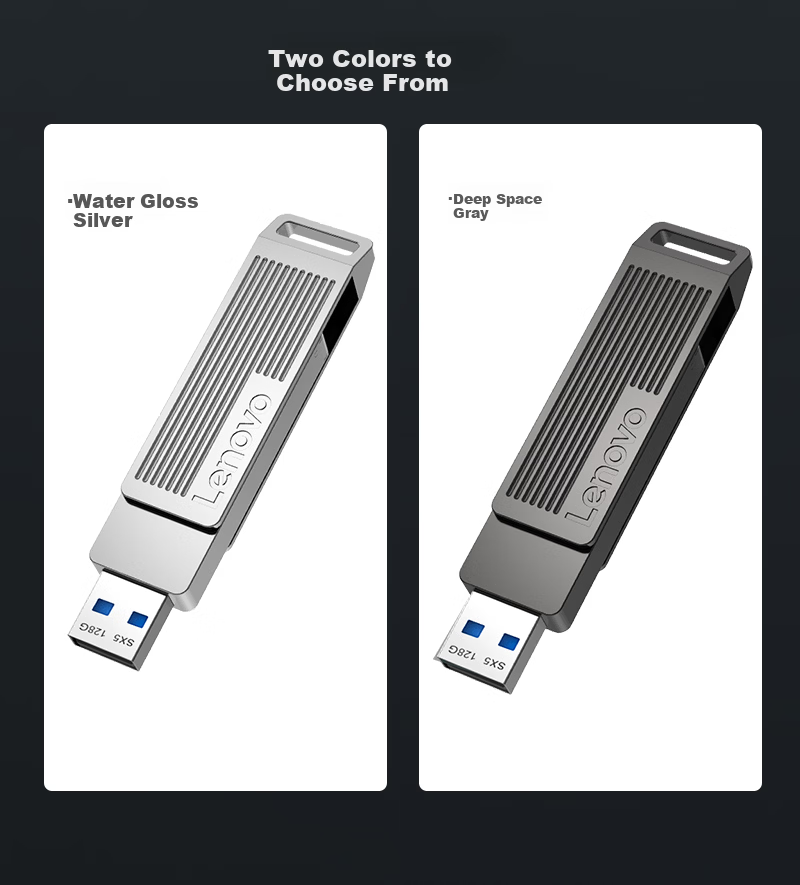 Lenovo 128GB Solid State USB Flash Drive Type-C/USB3.2 Dual Interface Rotating USB Drive for Mobile and PC 500MB/s Read Speed SX5Pro Series Gray 11