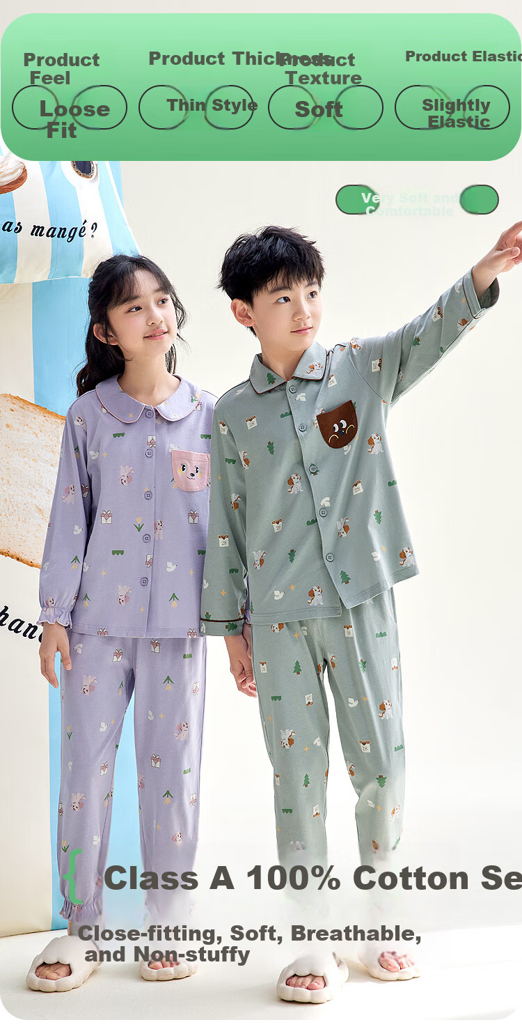 Hodohome Boys' A-Class Cotton Pajamas Cartoon Print Long Sleeve Cardigan Set 107-160 3