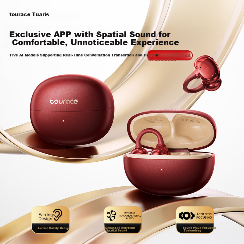 Touris [Over 1 Million Sold Online] AI Bluetooth Ear Clip Earphones Berlin Sound-Level Bone Conduction Wireless Open-Style Running Sports Noise-Cancelling Ear-Hook Red