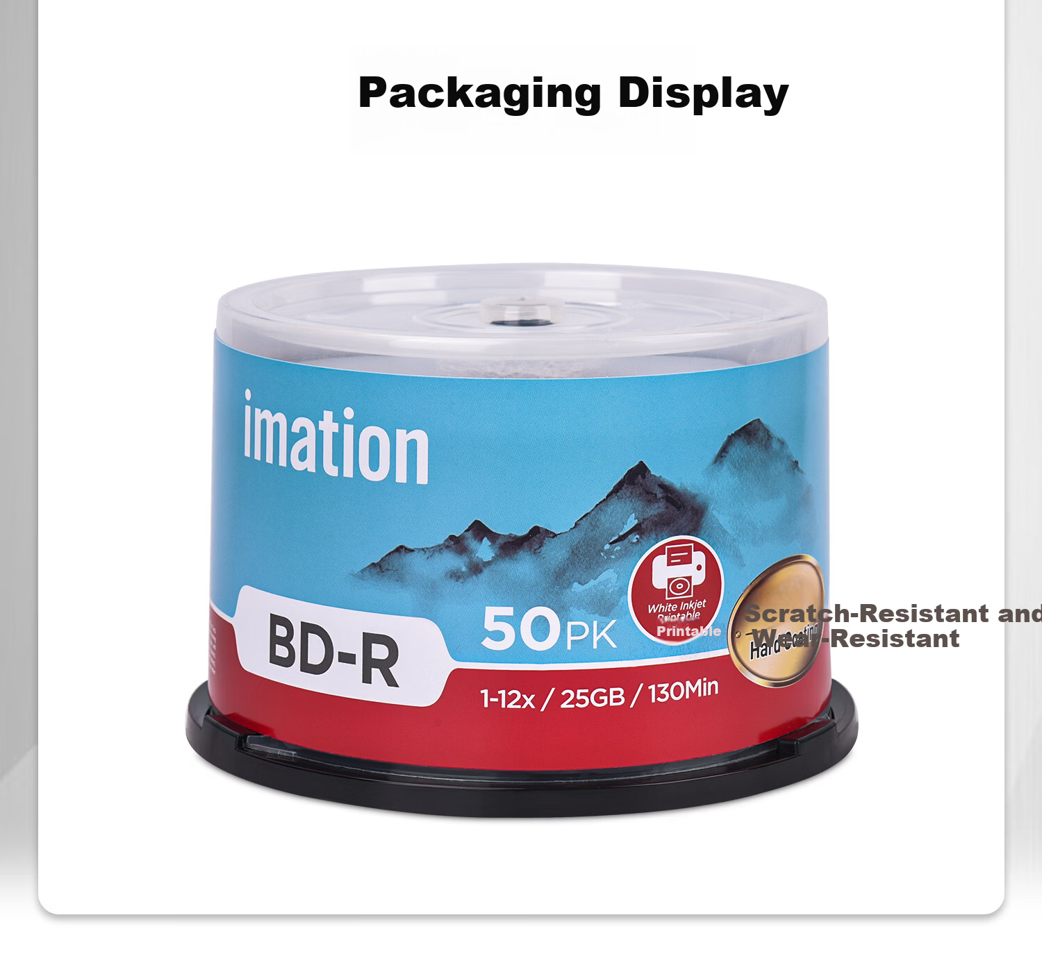 IMATION Laide BD-R Blu-ray 25GB 12X High Capacity Waterproof Quick-Dry Printable Blank Disc Customizable Surface Video Archive Storage 50-Pack Spindle 10