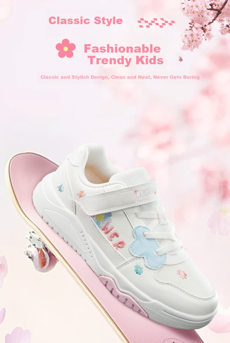 XTEP Kids Girls Flower Velcro Leather Panel Shoes Sail White/Peach Pink Size 28 3