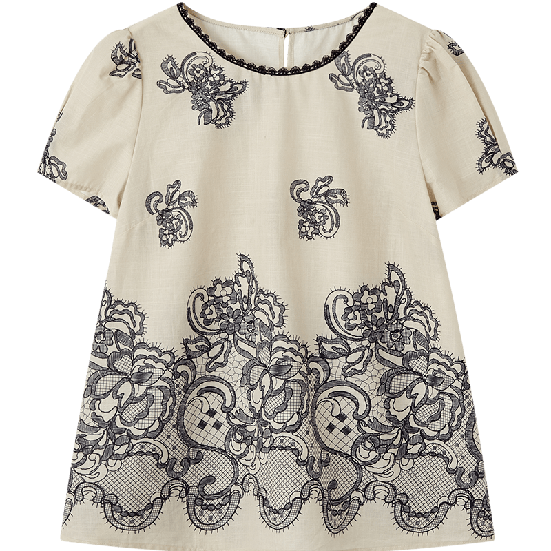 Demana [Oxygen Pure Cotton] Summer Elegant Style Round Neck Lace Printed A-Line Slimming Concealing Shirt for Women Premium Feel