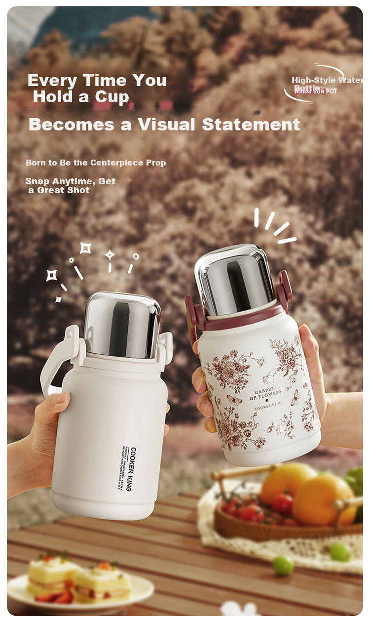 COOKER KING 316L Stainless Steel Insulated Thermos Large Capacity Water Bottle Home Outdoor Hot Water Flask 1.2L (Rose Holiday) 10