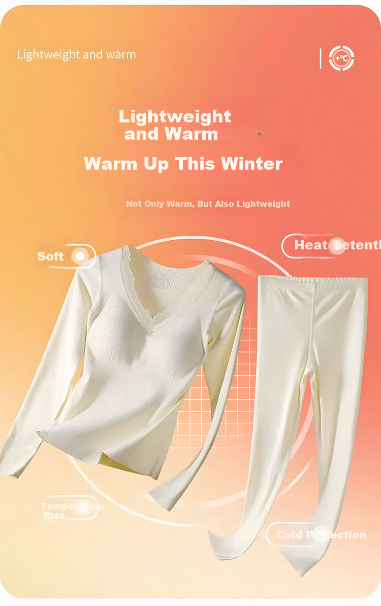 Tingmei Women's Thermal Underwear with Built-in Chest Pad, One-piece Bra-free Patch, Autumn Winter Fleece Thickened Body Shaping Set 3