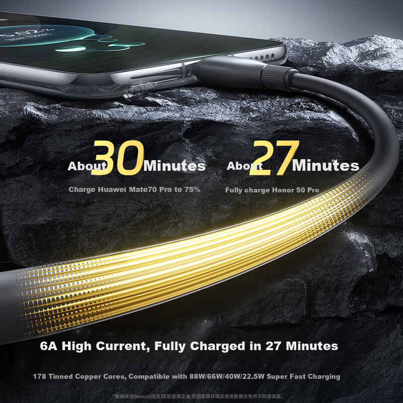 Baseus Type-C Data Cable 6A Super Fast Charging 100W/66W USB-C for Huawei Mate70/P50/40 Xiaomi Honor Tablet Phone Car Use Starry Black