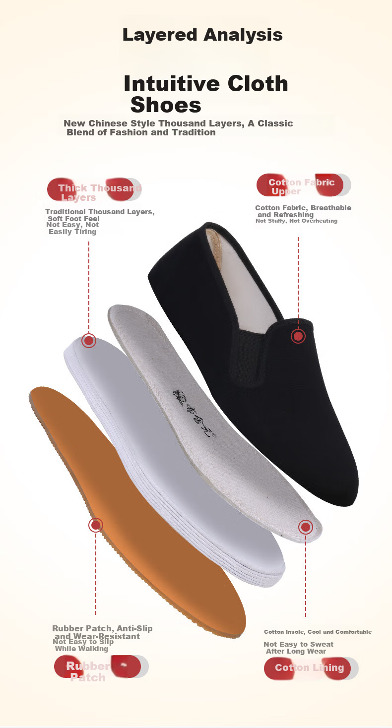 BUSHEYUAN Breathable Slip-On Traditional Beijing Cloth Shoes for Men, Chinese Style Thousand-Layer Sole Dad Shoes 9206 Black Size 41 3