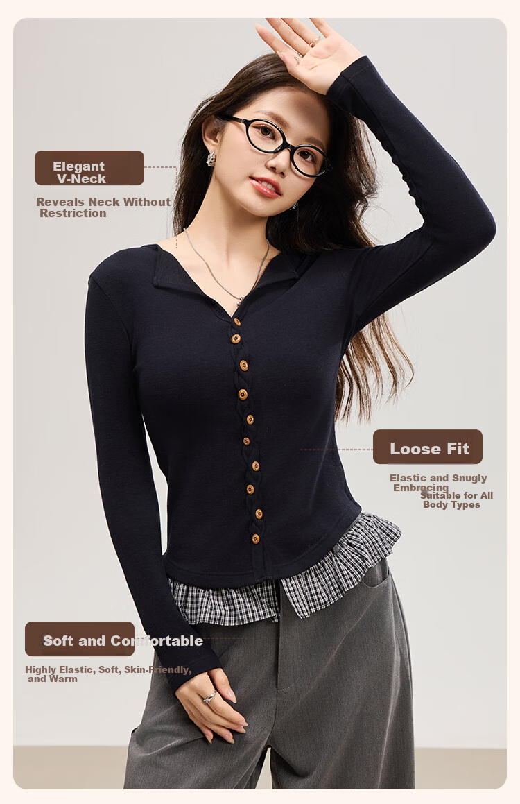 Miiow Women's Polyester Acrylic Base Shirt Spring Autumn New Button Thin Long Sleeve Top Suitable for Outerwear 4