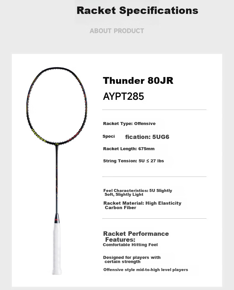 LI-NING Thunder 80JR Badminton Racket 5U Black Pre-Strung for Adults and Youth Professional Use 10