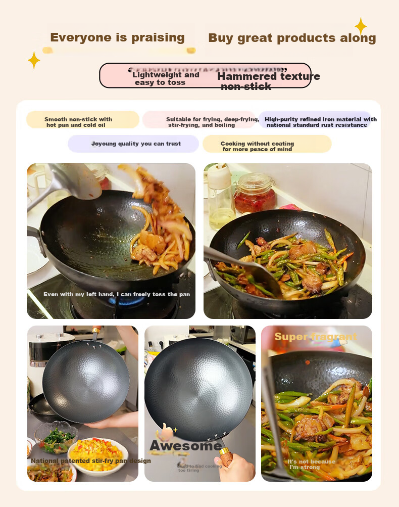 Joyoung Wok, Heritage Craftsmanship Iron Pan, 0 Coating, Rust-Resistant, Corrosion-Resistant, Hammered Texture, Non-Stick, No Seasoning Required, 30cm, Specially for Open Flame Cooking 1