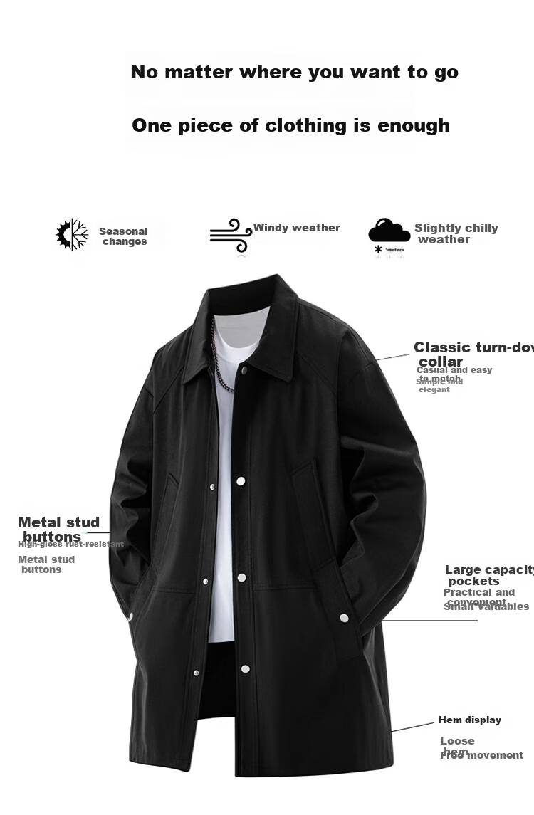 Pierre Cardin Men's Trench Coat Spring Autumn Korean Style Loose Casual Mid-Length Coat Trendy Lapel Overcoat Black XL 3