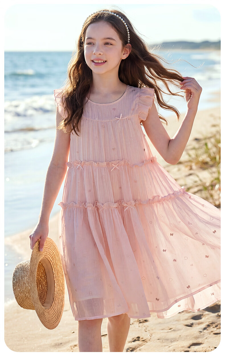Disney Girls' Tencel Dress Summer Lightweight Princess Cake Dress for Older Children 1A112 Beige 130 15