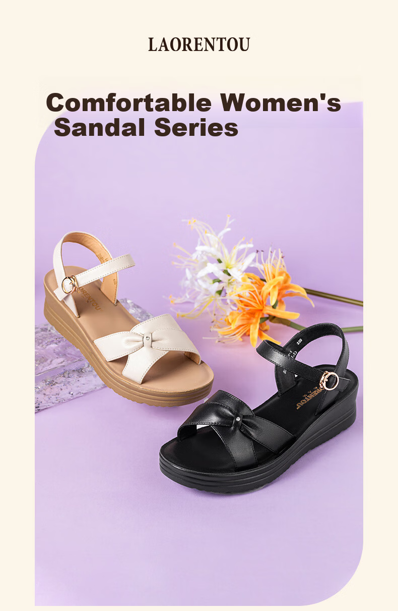 LAORENTOU Black Flat Sandals Women New Summer Soft Sole Mom Shoes Casual Roman Shoes LK182 Black Size 39 1