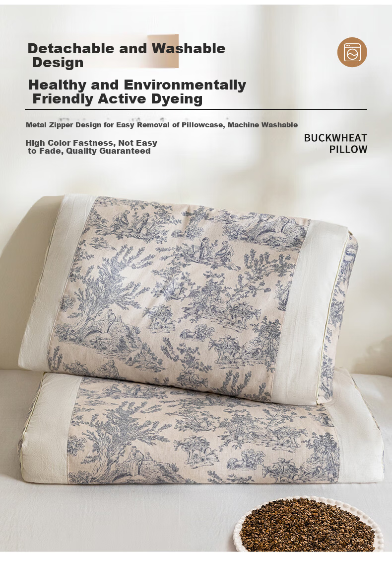 Grace Natural Buckwheat Husk Pillow Chinese Style Cotton Linen Buckwheat Pillow Cervical Pillow 35*55cm 12