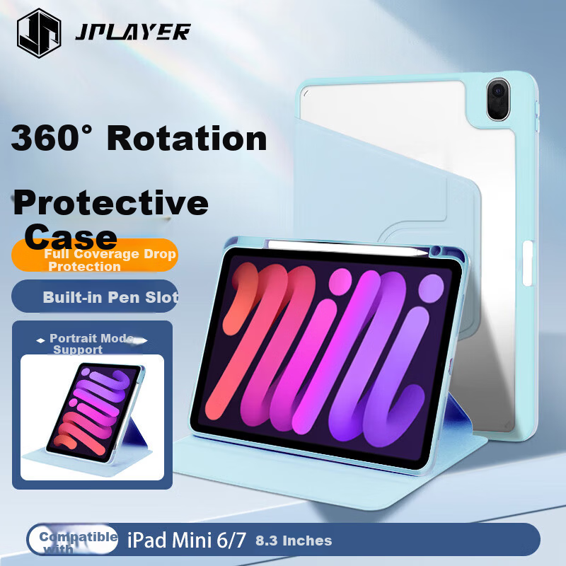 JPLAYER Apple iPad Mini 7/6 Case 8.3 Inch 2024/21 Model A17Pro Tablet Protective Cover Rotatable Horizontal Vertical Stand Acrylic Transparent with Pen Slot White Ice Blue