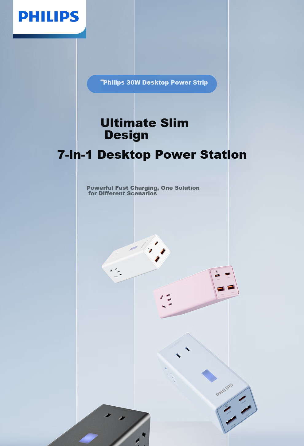 PHILIPS 30W Desktop Charging Station with USB Socket Type-C Power Strip Fast Charging Multi-Functional Power Strip Multi-Port Charger Expansion Dock 2.8m 1