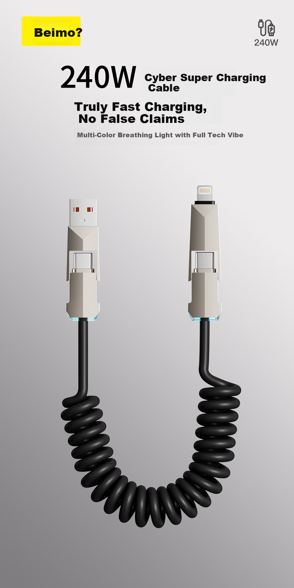 Beimo, Suitable for Tesla Car-Specific Charging Cable, Type-C Four-In Spring Retractable Data Cable, 240W Power Fast Charging, IPhone18/17promax, Huawei/Xiaomi 1