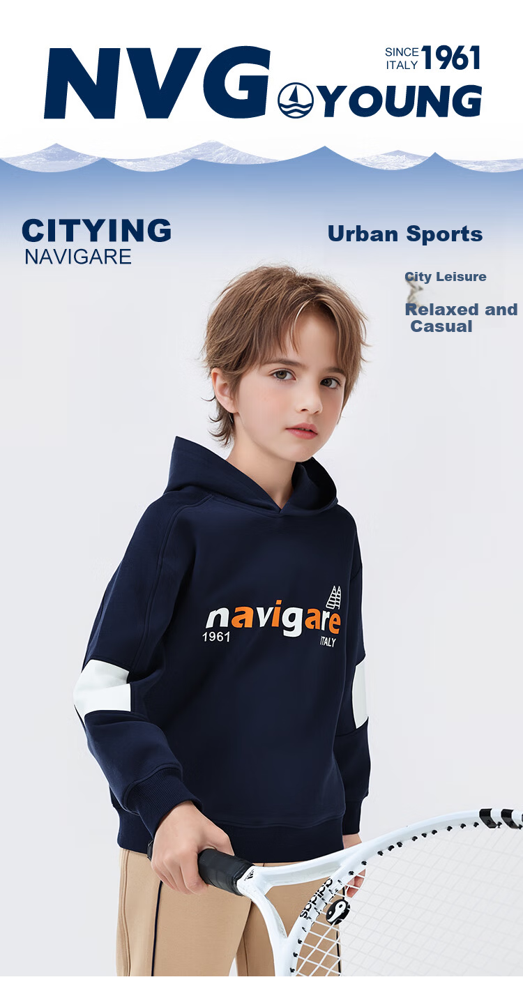 Navigare Boys' Hoodie Spring Children's Hooded Sweatshirt Student Casual Fashion Sailboat Letter Navy Blue 165 1