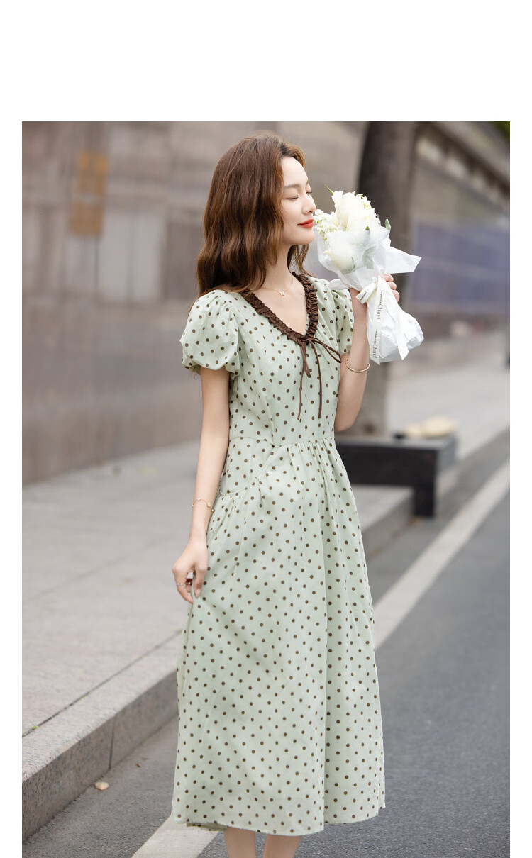 Demana Oxygen Pure Cotton Summer Sweet Polka Dot Colorblock Tie V-Neck Puff Sleeve Waist-Cinched Dress for Women Premium Quality 10