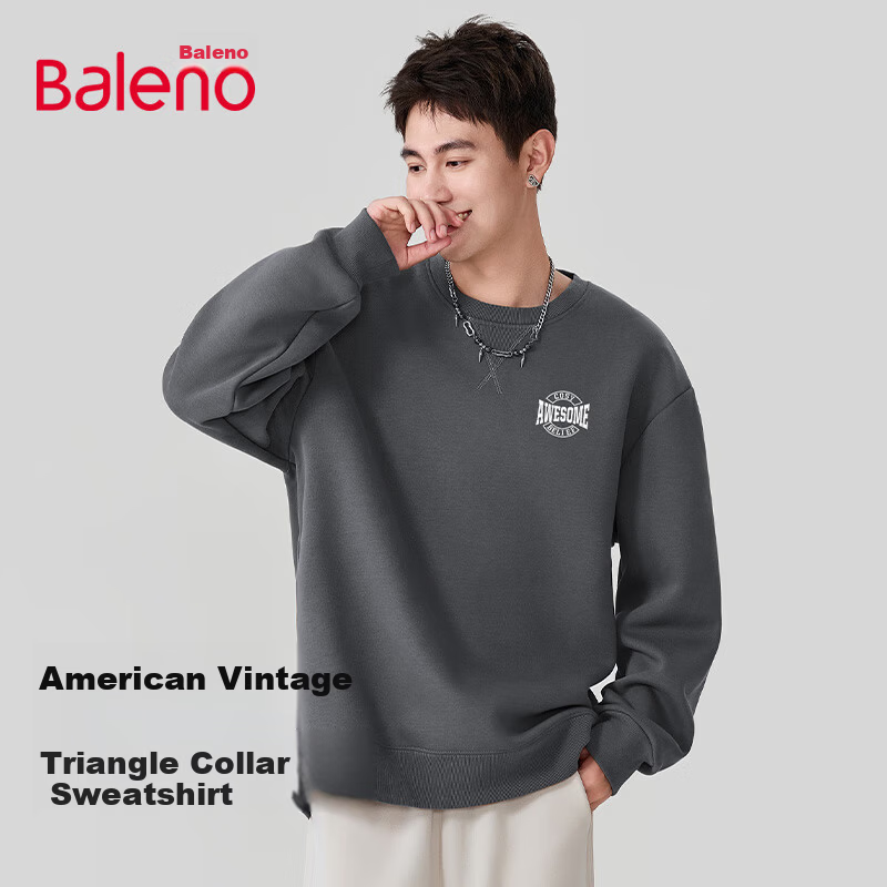 Baleno Men's Crew Neck Sweatshirt Spring Casual Trendy Plus Size Heavyweight Pullover Hoodie-Free Jacket for Students